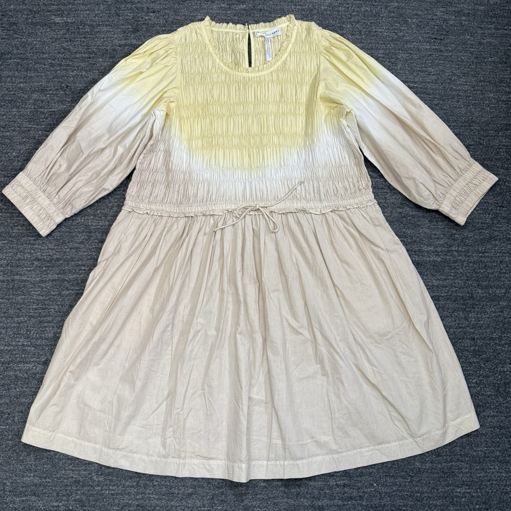 A Piece Apart Aldea Smocked Mini Dress Women 2X Plus Ombre 3/4 Sleeve Beige Tie